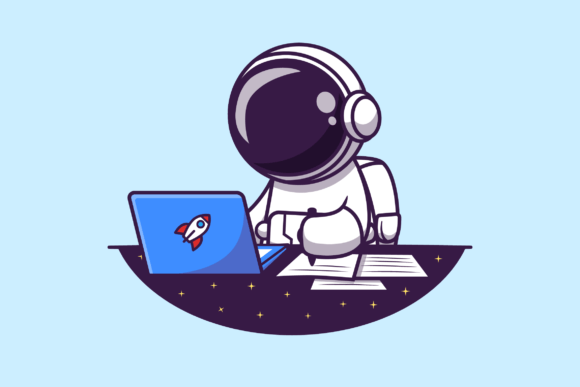 Astronaut Working on Laptop Cartoon: A Versatile Design Asset for Modern Projects